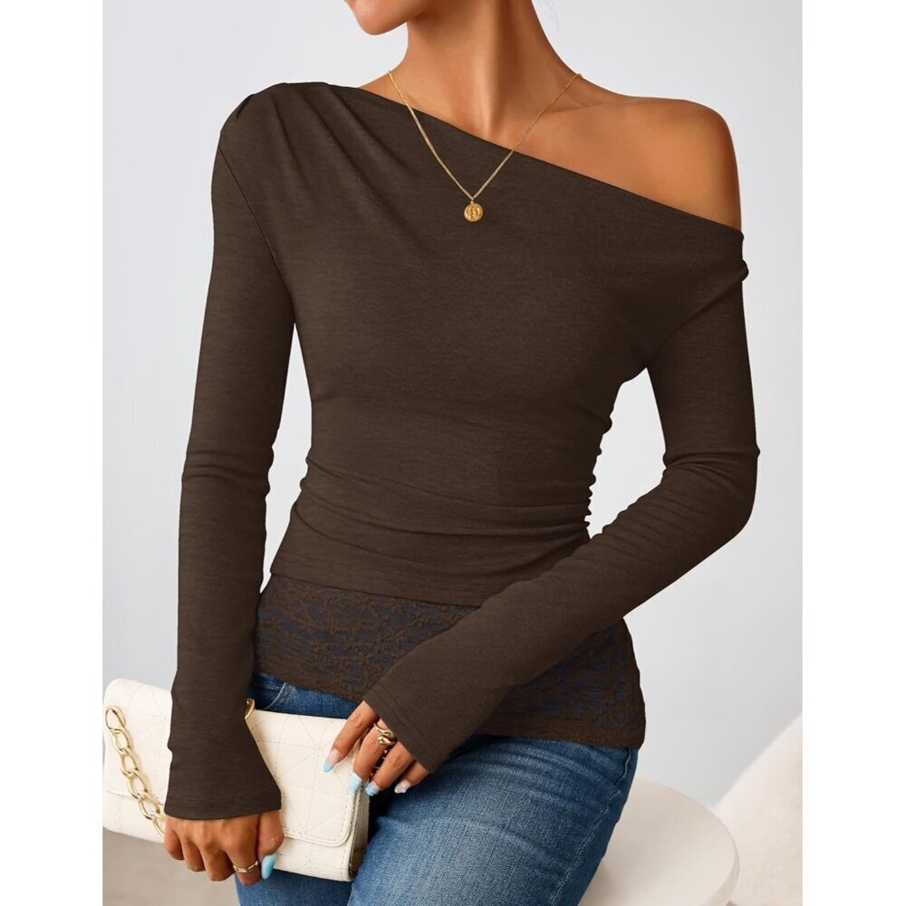 Women's Off Shoulder Coffee Long Sleeve Top Casual Lace Slim Fit Fall Y2K Blouse - Picture 2 of 5